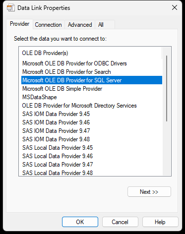 Data Link Properties screen